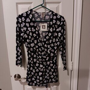 NWT Anne Klein Womens Knit Faux Wrap Blouse - 3/4 Sleeve, Size Small Black/White
